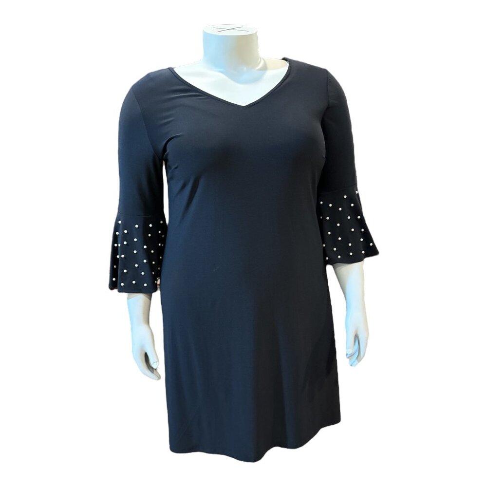 Roz & Ali Black V-Neck 3/4 Pearl-Embellished Sleeve Tie Back Dress Women's 1X